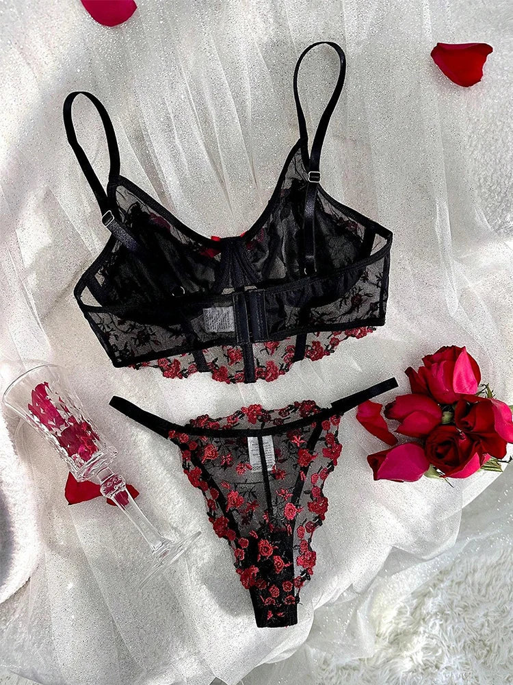 Floral Embroidery Lingerie Set Women Boho Erotic Lingerie Push Up Bra Panty Set Lace Underwear Valentine's Day Romantic Lingerie