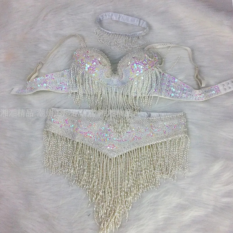 The Stardust Cabaret 2-Piece Ensemble – Luxury Sequin Fringe Bra & Belt Set