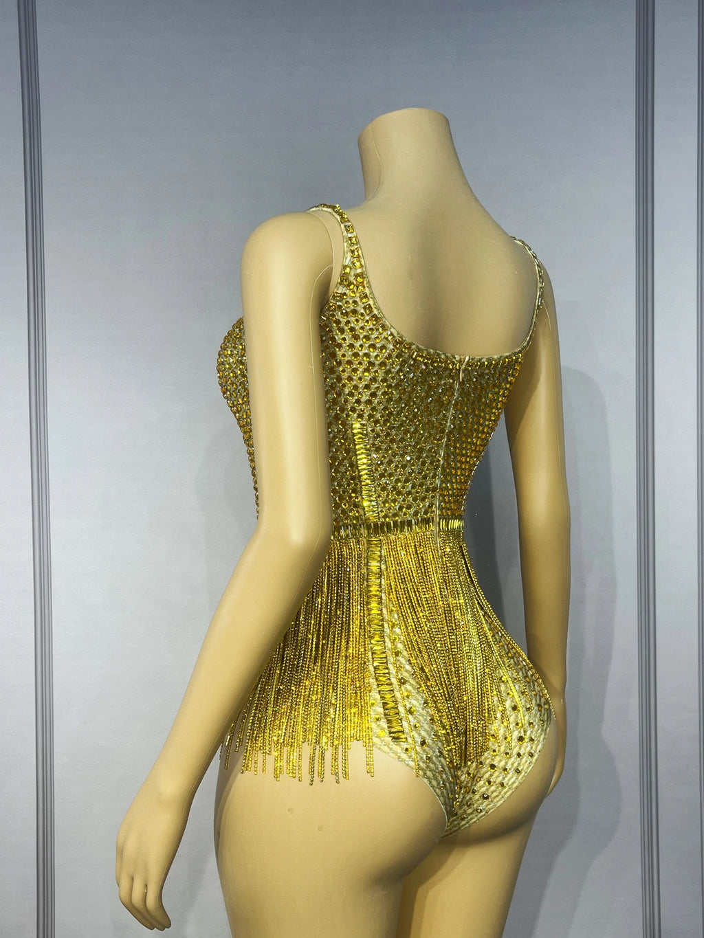 Gold Crystal Rhinestone Chain High-Cut Stage Performance Bodysuit Leotard