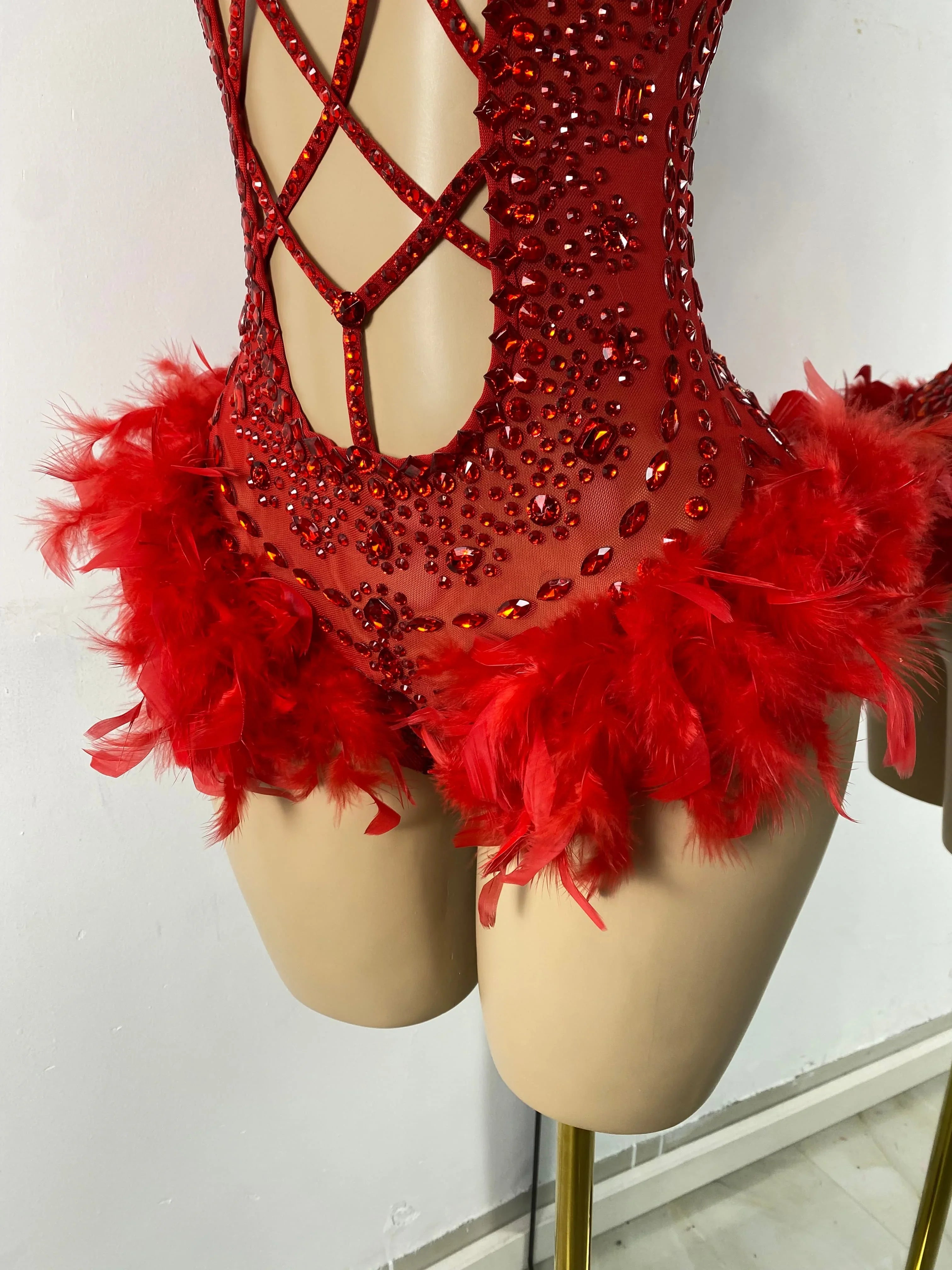 The Stardust Follies Feather Bodysuit – Luxury Rhinestone & Mesh Showgirl Costume