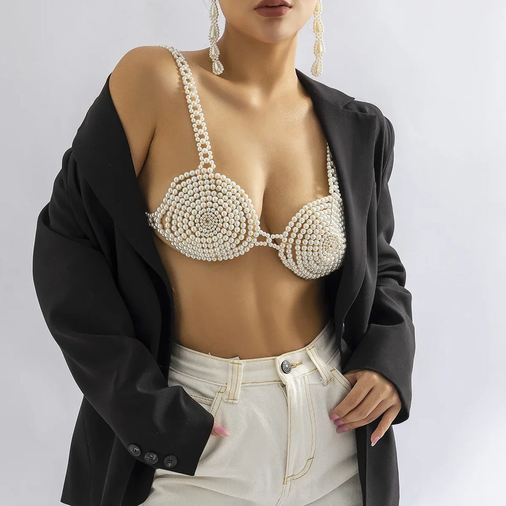 Handmade Pearl Bikini Bra Chain & Statement Chest Body Jewelry