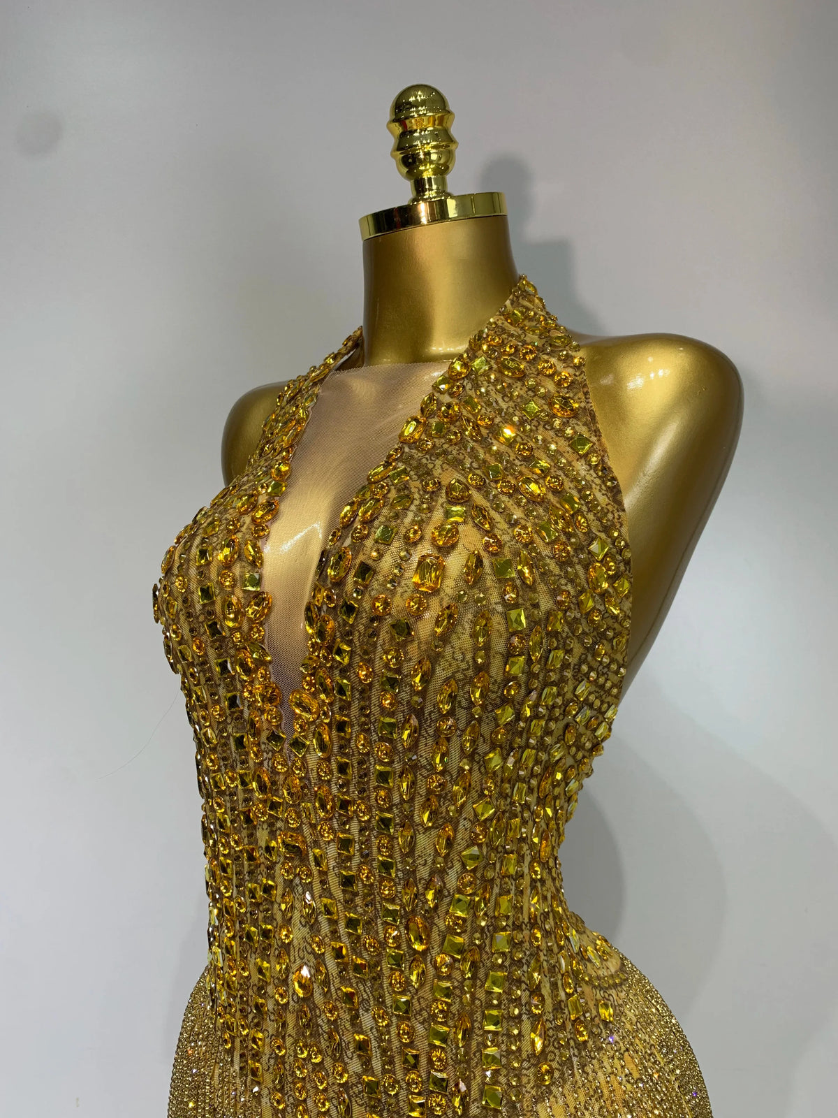Gold Rhinestone Sheer Mesh Bodysuit Luxury Stage Performance Jumpsuit
