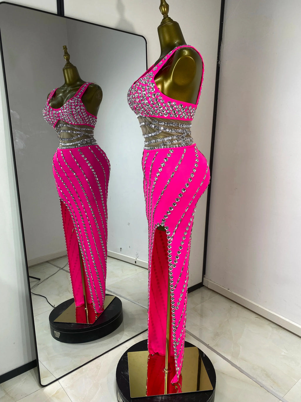 Hot Pink Rhinestone & Tulle Inset Open-Leg Maxi Evening Gown