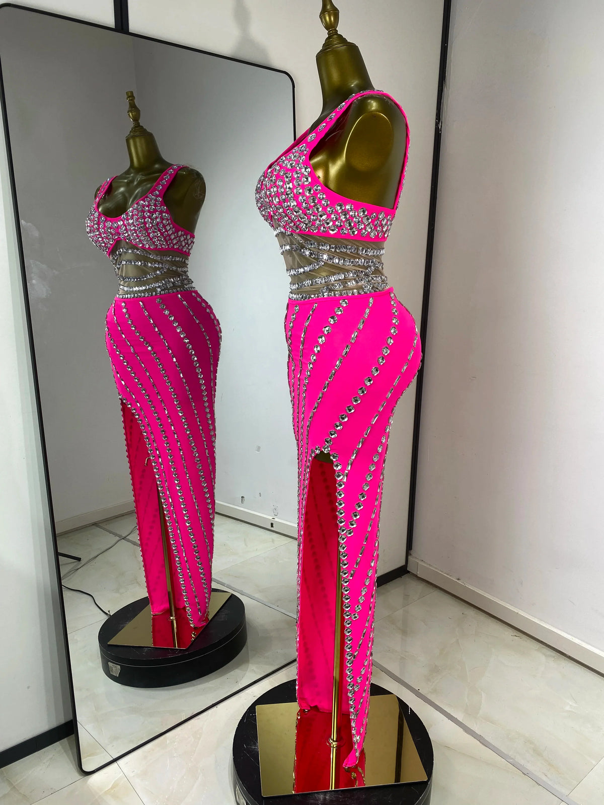 Hot Pink Rhinestone & Tulle Inset Open-Leg Maxi Evening Gown