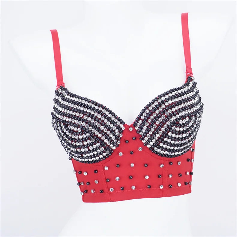 Rhinestone Beaded Bustier Corset Crop Top High Fashion Evening Party Bralette