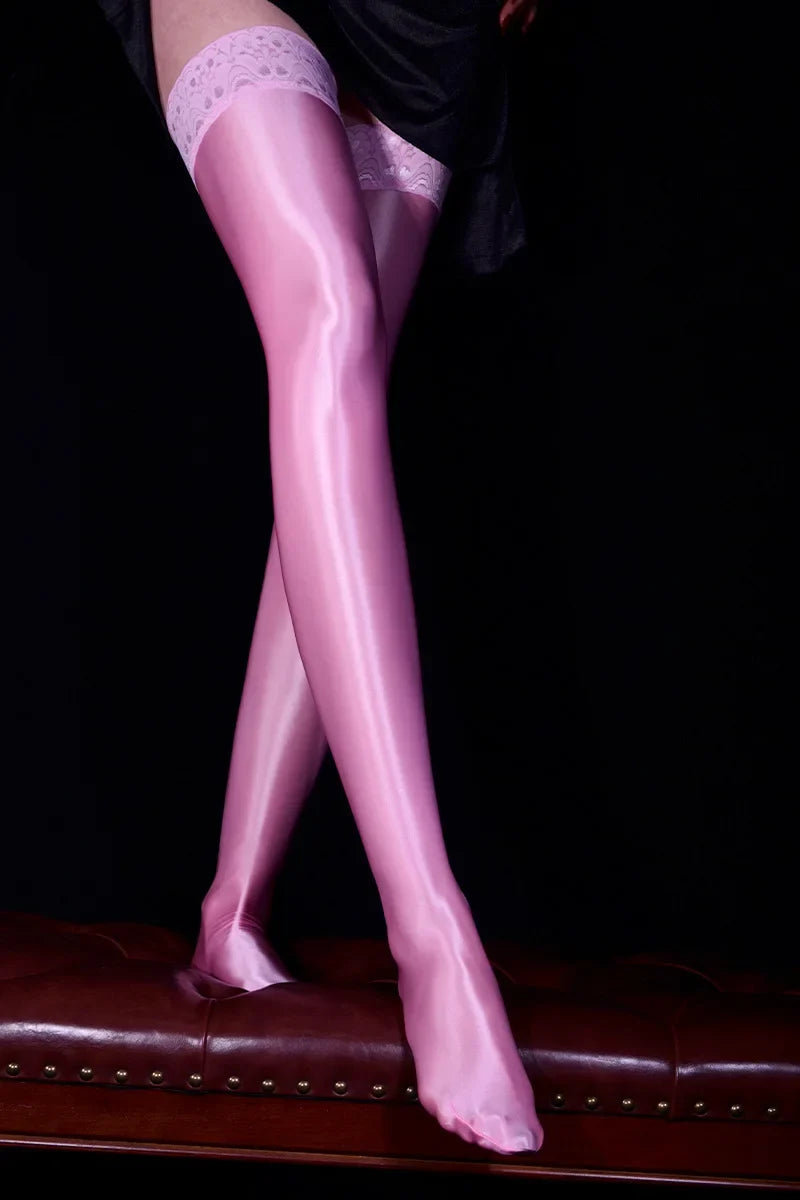 80D Lace Trim Oil Shiny Thigh-High Stockings Glossy Shaping Lingerie Stockings