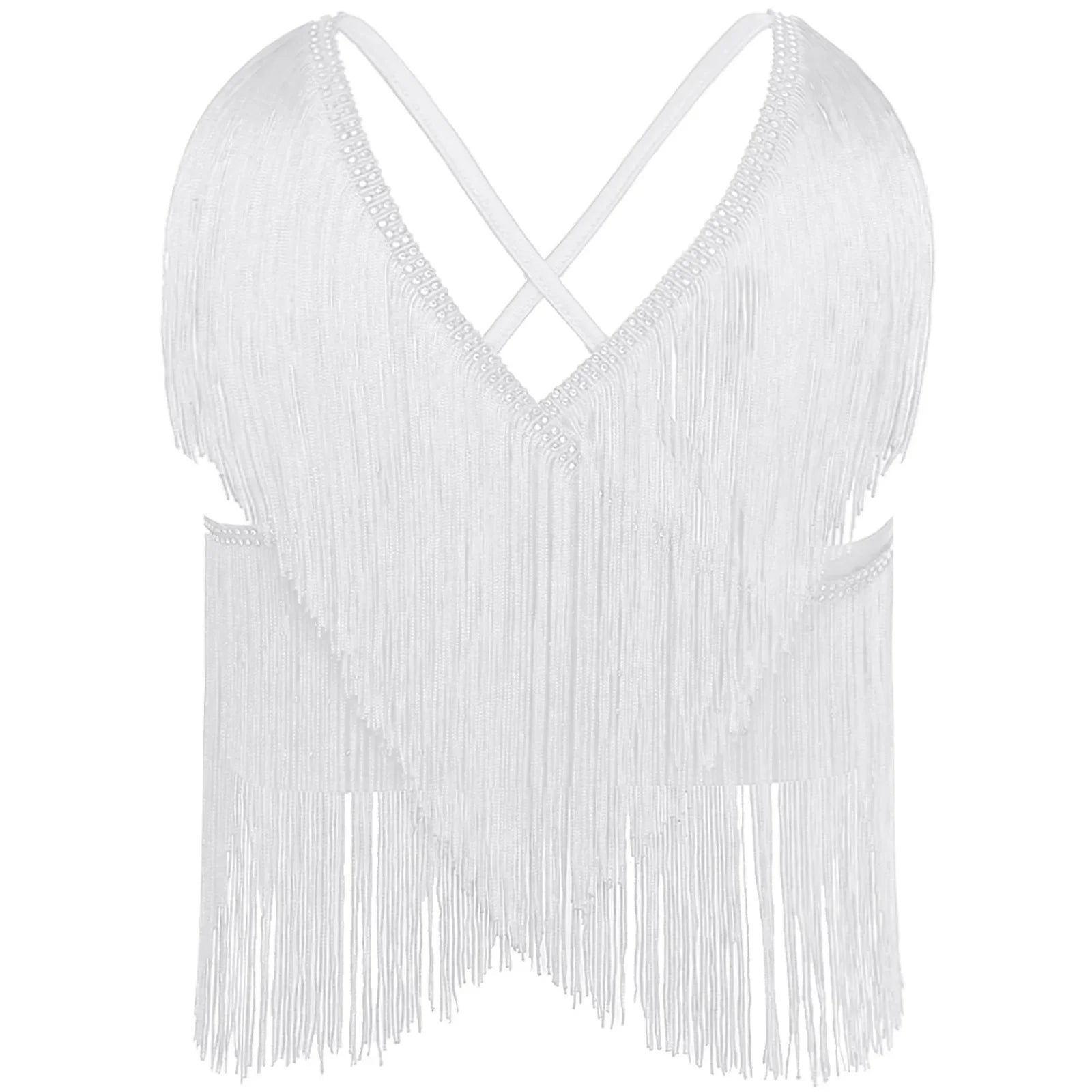 V-Neck Crisscross Back Tassel Fringe Crop Top Latin Salsa Dance Costume