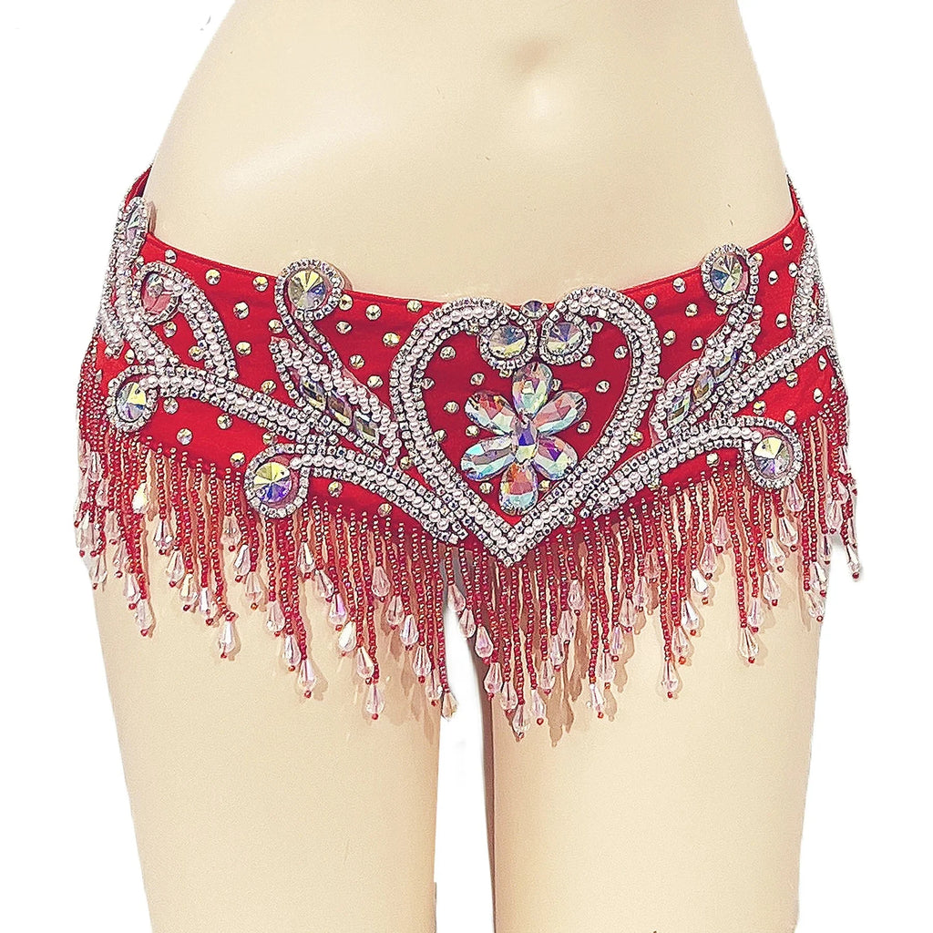 Sparkly Beaded Belly Dance Bra & Fringe Hip Belt Two-Piece Stage Costume Set