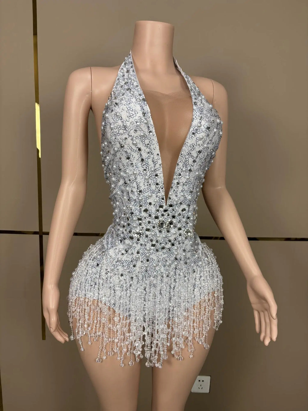 Crystal Rhinestone Fringe Sleeveless Bodysuit & Aerial Dance Leotard Costume