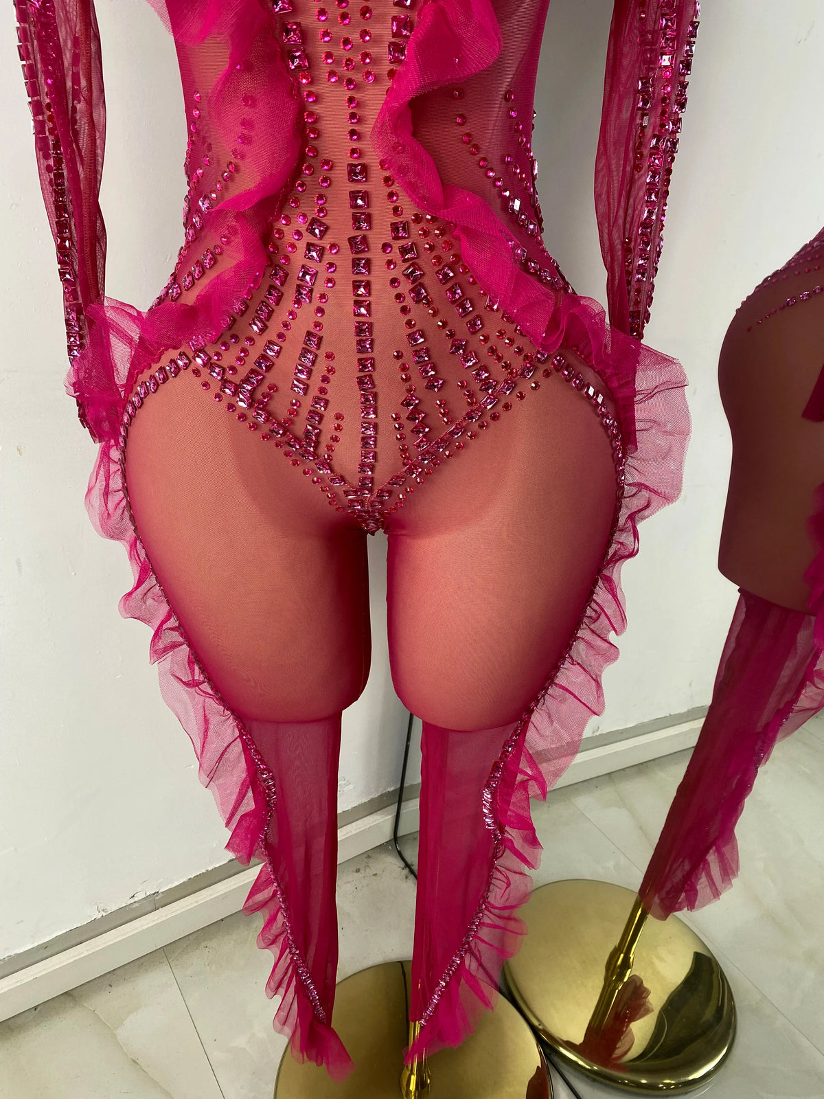 Sparkly Diamonds Women Long Sleeve See Through Mesh Tight Jumpsuit Costume Nightclub Dancer Outfit Performance Stage Wear