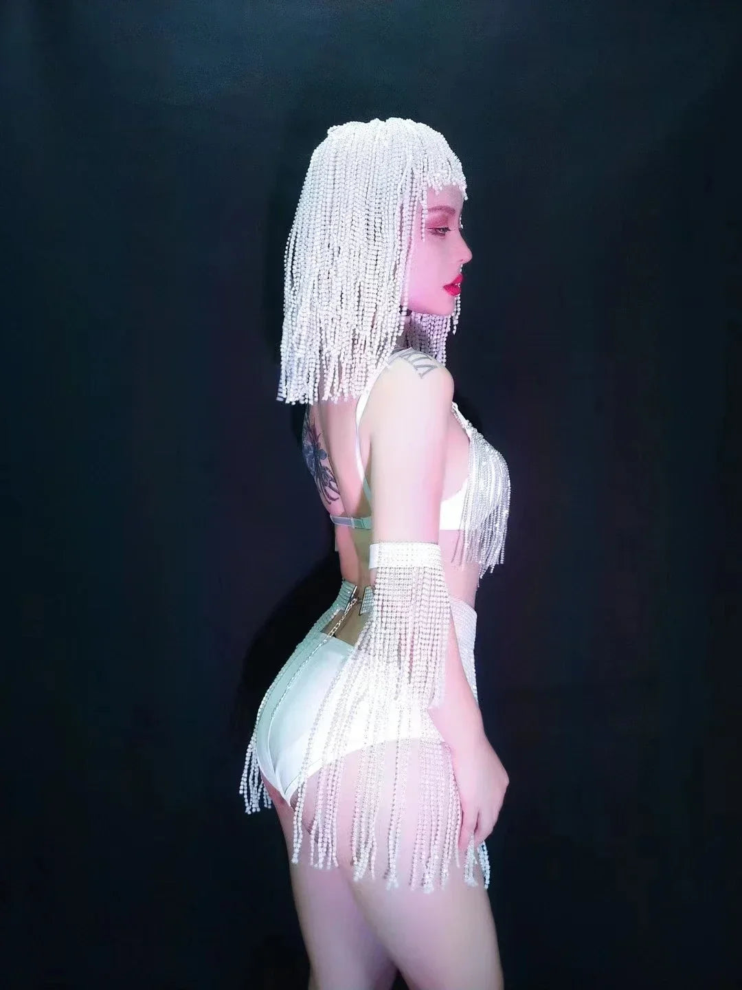 Luxury Crystal Tassel Bikini & Wig Performance Set – Premium Showgirl Stage Costume for GoGo Dancers, Nightclub DJs & Rave Outfits