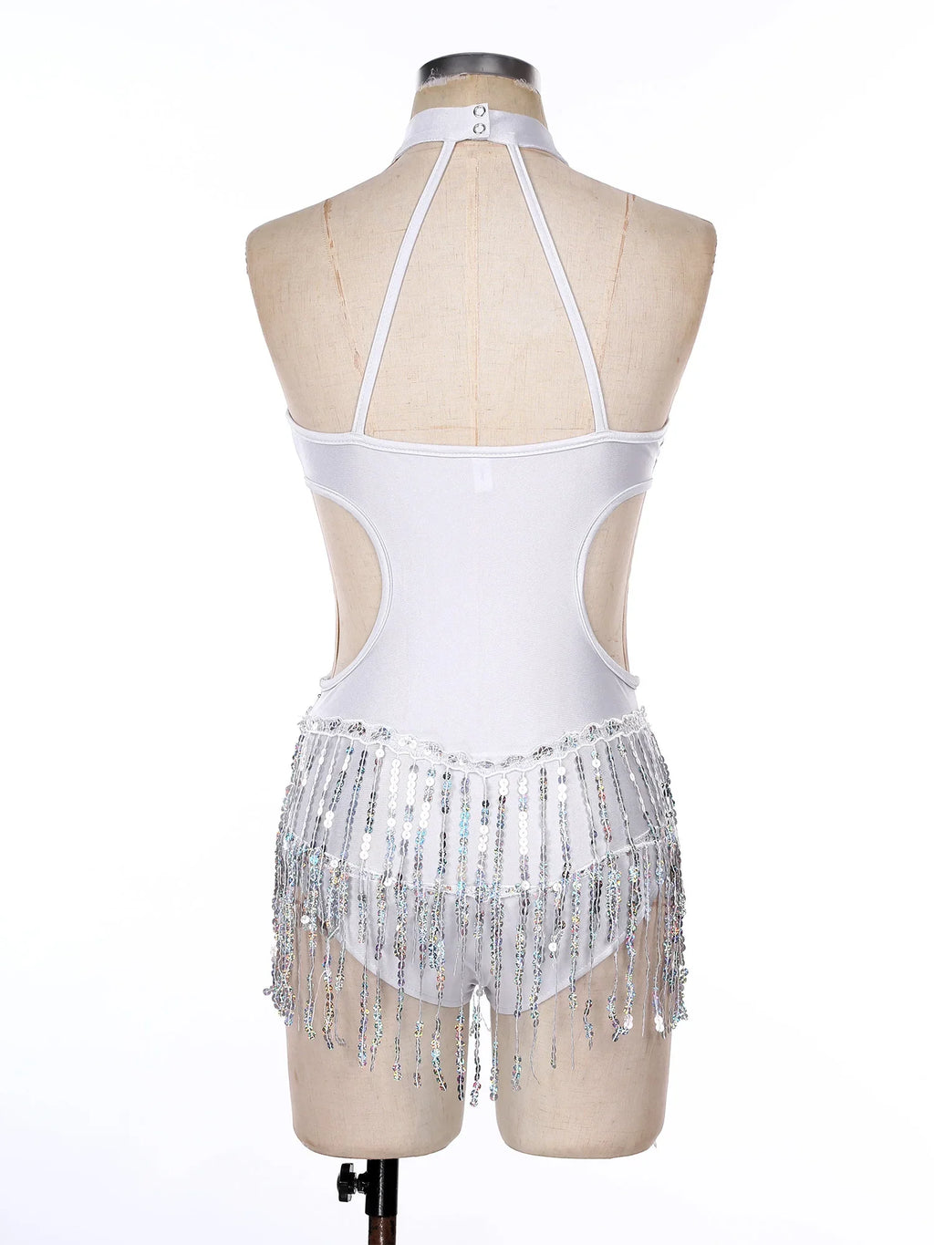 Sequined Fringe Latin Dance & Figure Skating Jumpsuit Leotard Set with Mesh Gloves