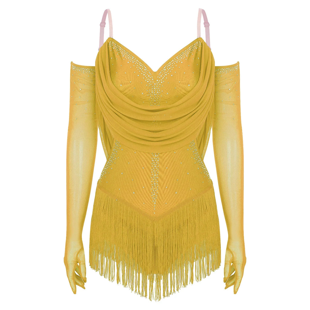 Sparkly Rhinestone & Tassel Fringe Dance Leotard with Gloves Two-Piece Stage Costume