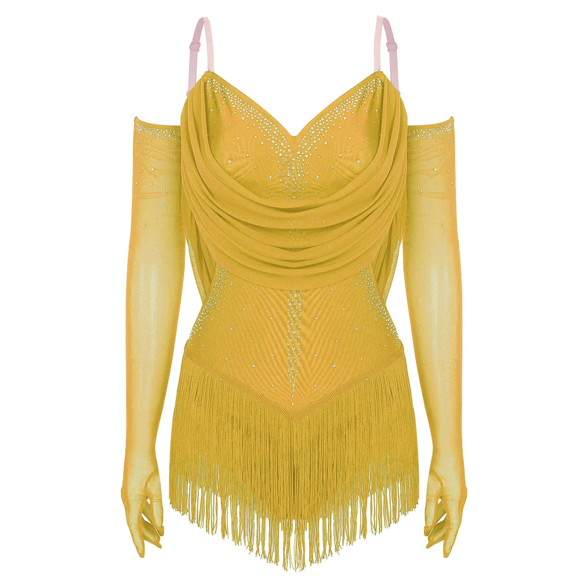 Sparkly Rhinestone & Tassel Fringe Dance Leotard with Gloves Two-Piece Stage Costume