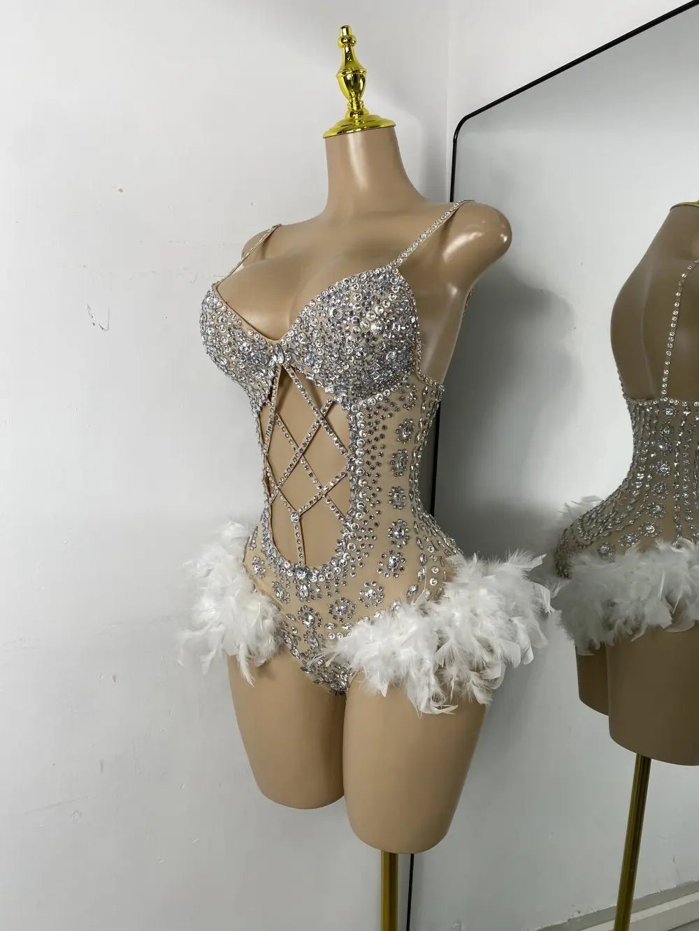 The Stardust Follies Feather Bodysuit – Luxury Rhinestone & Mesh Showgirl Costume