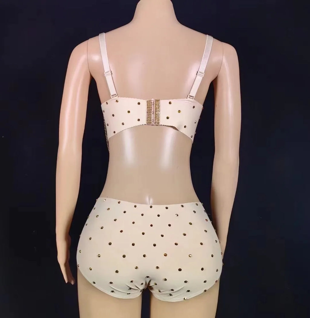 Sparkly Gold Rhinestone Two-Piece Bikini Bra & Shorts Set Stage Performance Costume