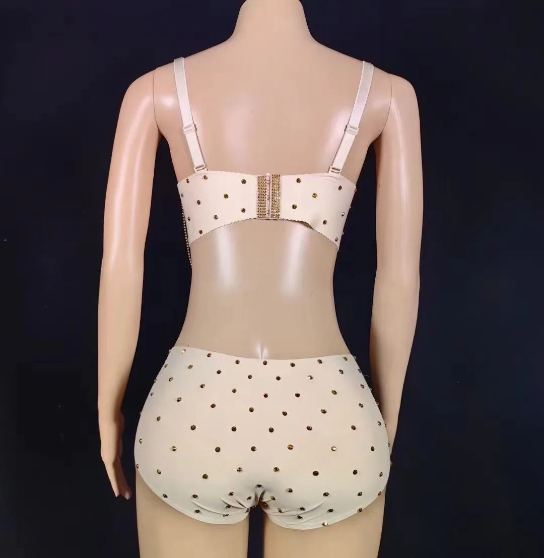Sparkly Gold Rhinestone Two-Piece Bikini Bra & Shorts Set Stage Performance Costume