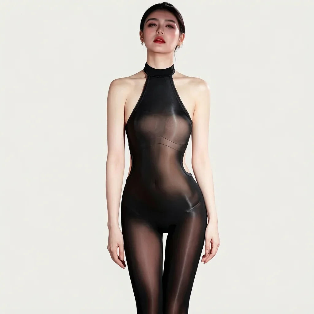 5D 912 PIN Backless Halter Oil Glossy Sheer Bodysuit Leotard