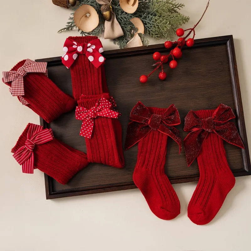 Baby Girls Red Big Bow Christmas Socks - Kids Cotton Solid Woolen Sock Leg Warmers | Toddler Soft Socken for 0-5 Years