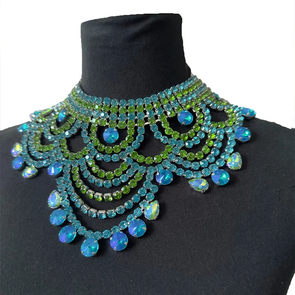 Oversized Aqua & Light Green Crystal Rhinestone Choker Drag Queen Pageant Necklace