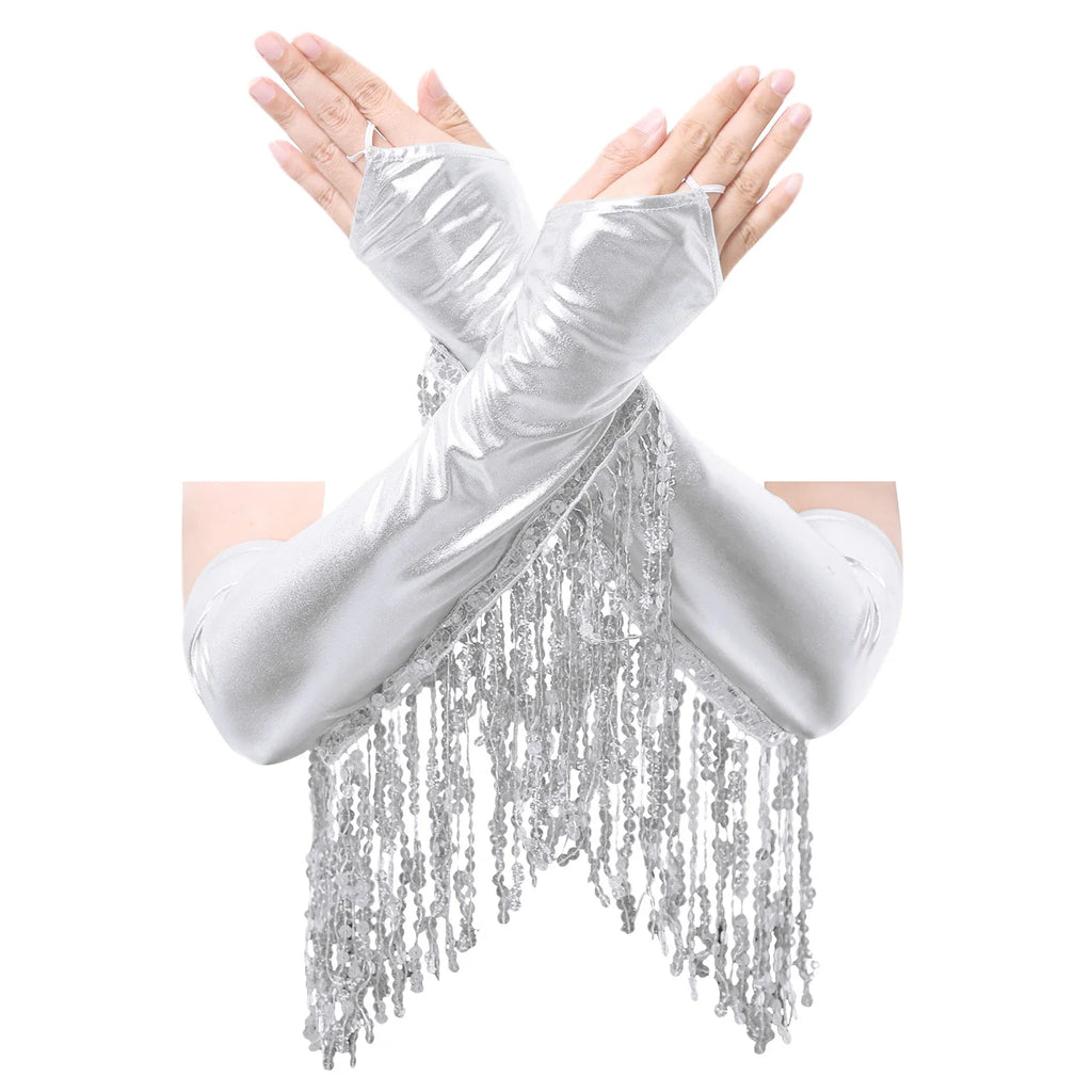 Sequined Fringe Latin Dance & Figure Skating Jumpsuit Leotard Set with Mesh Gloves