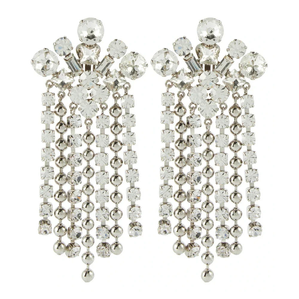 Geometric Crystal Tassel Clip-On Earrings – No-Piercing Statement Dangle Earrings for Brides, Weddings & Gala Events