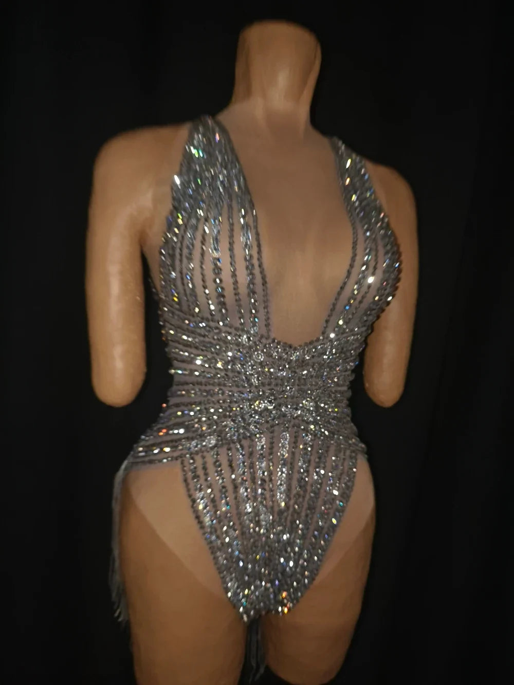 The Stardust Lumina Illusion – Silver Rhinestone & Tassel Performance Bodysuit