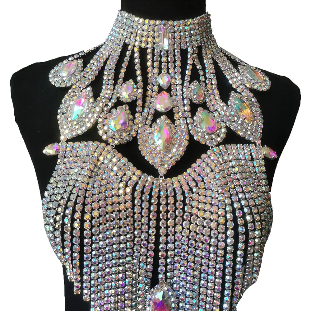 Long Rhinestone Tassel Fringe Crystal Drop Chocker Necklace Body Jewelry