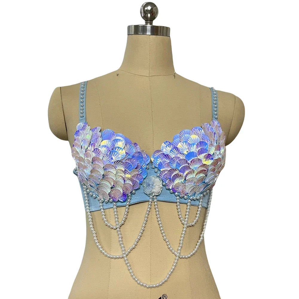 Handmade Mermaid Sequin Pearl Shell Belly Dance Bra Festival Rave Top