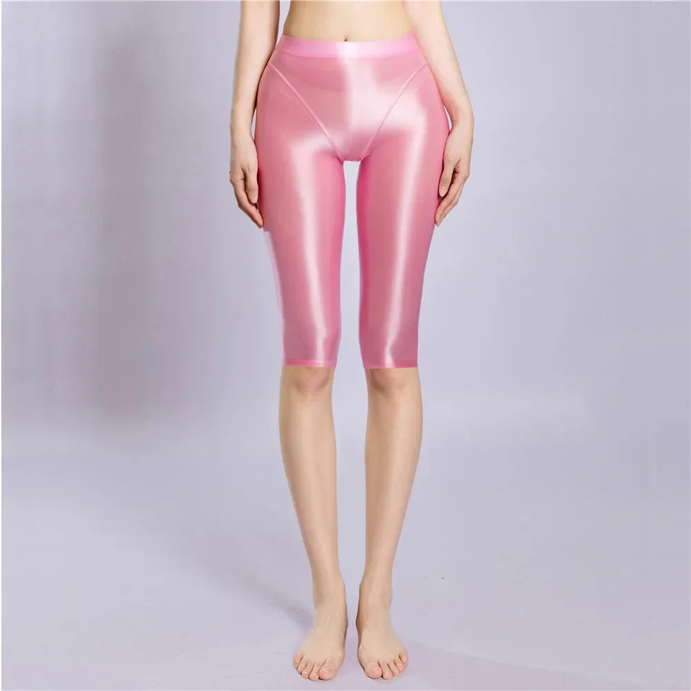 Women's Oil Glossy Sheer High-Waist Shaping Shorts Satin Smooth Leggings