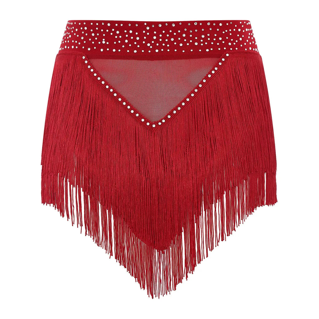 Rhinestone Tassel High-Waist Dance Shorts & Sheer Mesh Fringe Skirt