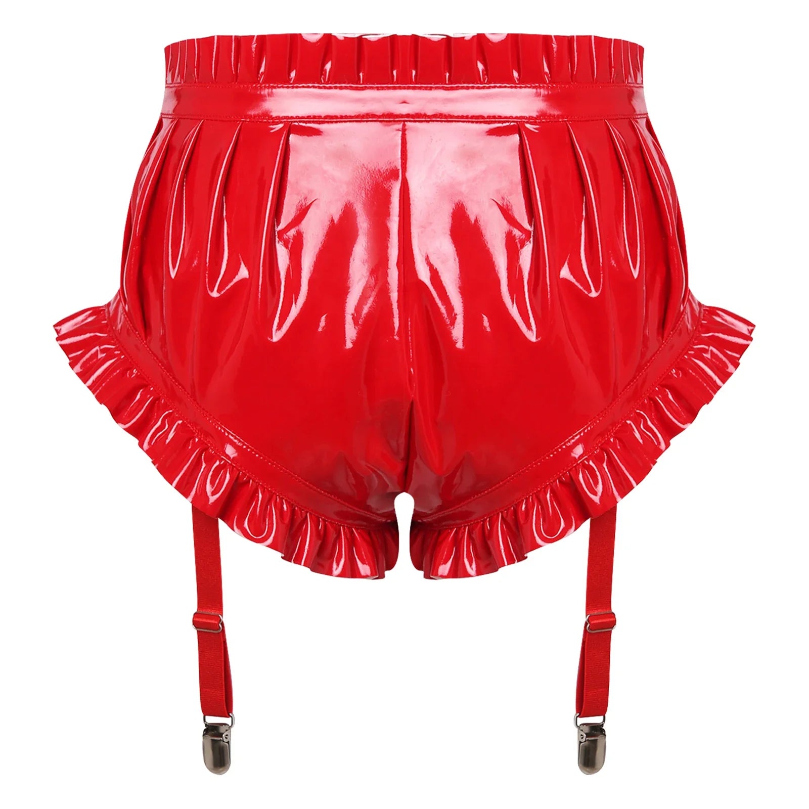 Wet-Look PU Leather Ruffled Bloomer Shorts Attached Garter Clips Briefs