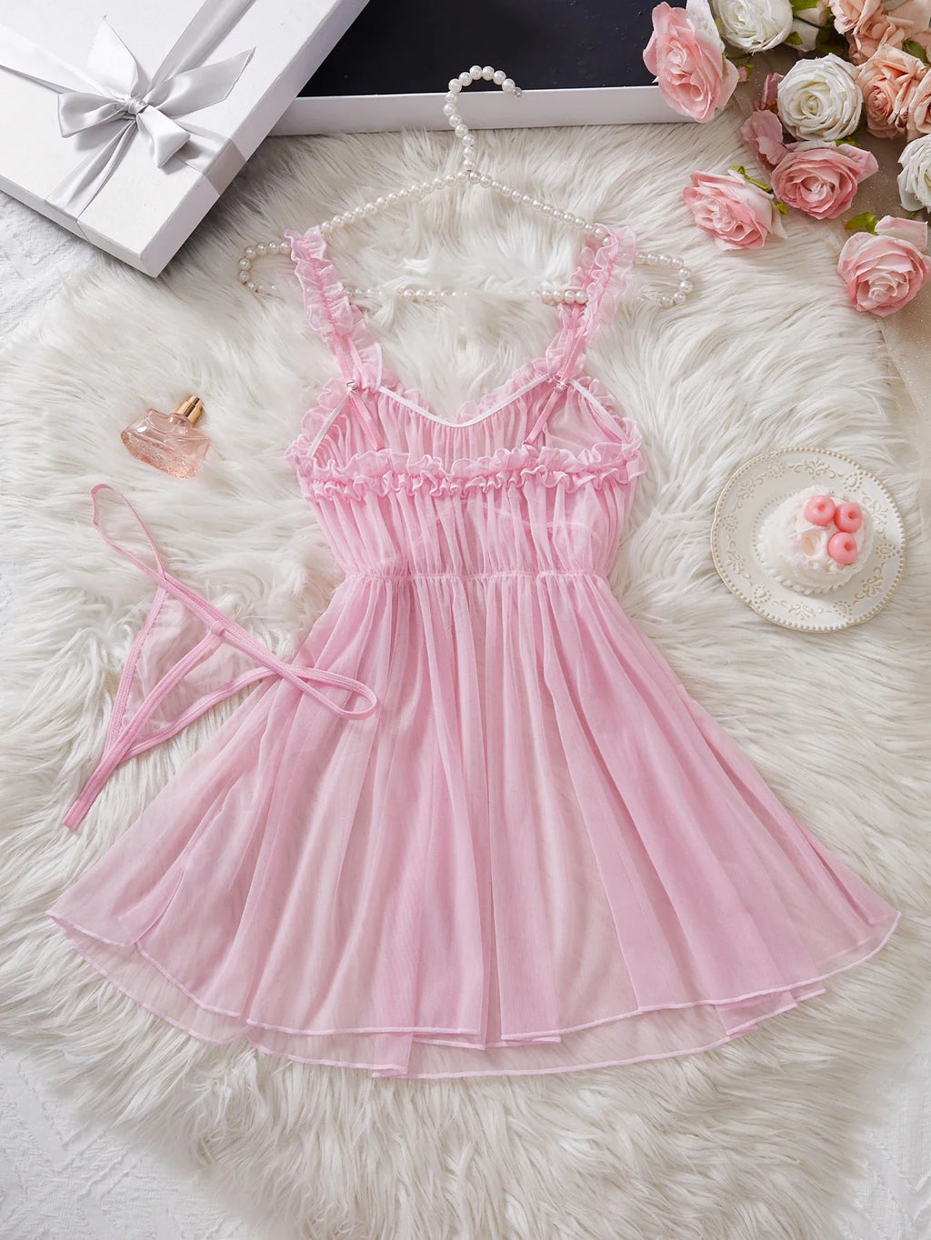 Women Mesh Nightdress Bow Pink Dress With Thong Underwear Valentine Day Gift