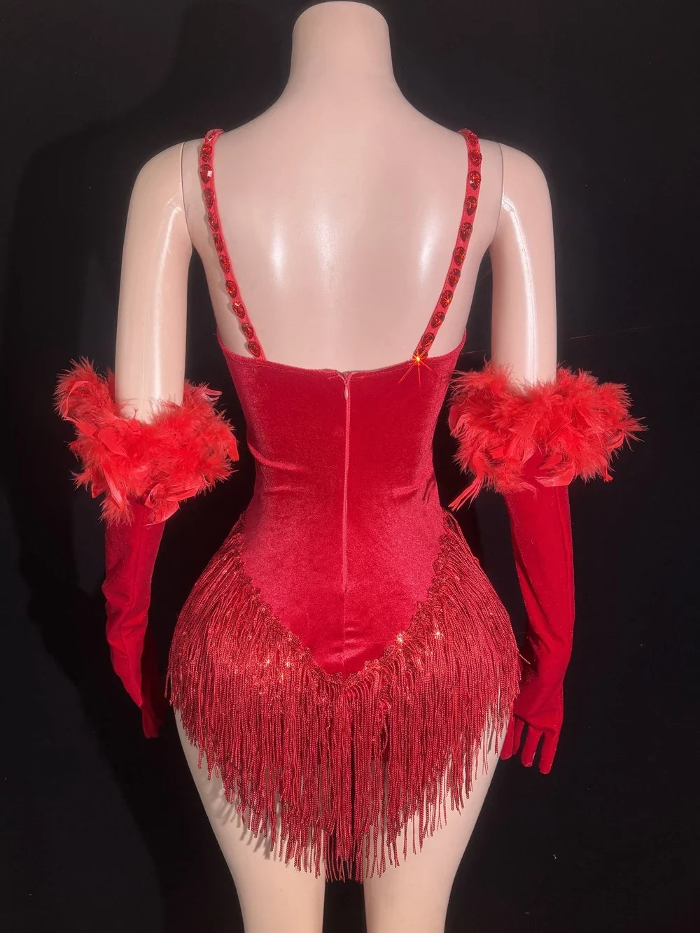 Sparkly Rhinestone & Sequin Tassel Bodysuit with Feathers & Gloves Costume Set