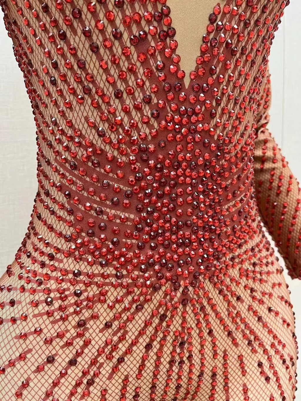 Crimson Red Rhinestone Catsuit Long Sleeve Illusion Stage Performance Jumpsuit