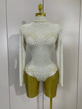 Luxury Full Pearl Long-Sleeved Stage Bodysuit Leotard Evening Performance Costume