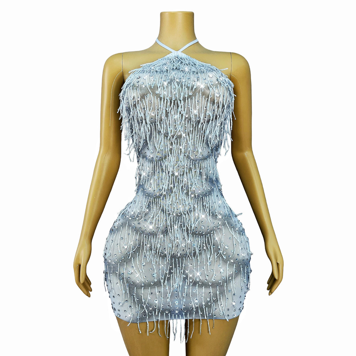 Silver Rhinestone Tassel Backless Stage Performance Mini Dress Party Gown