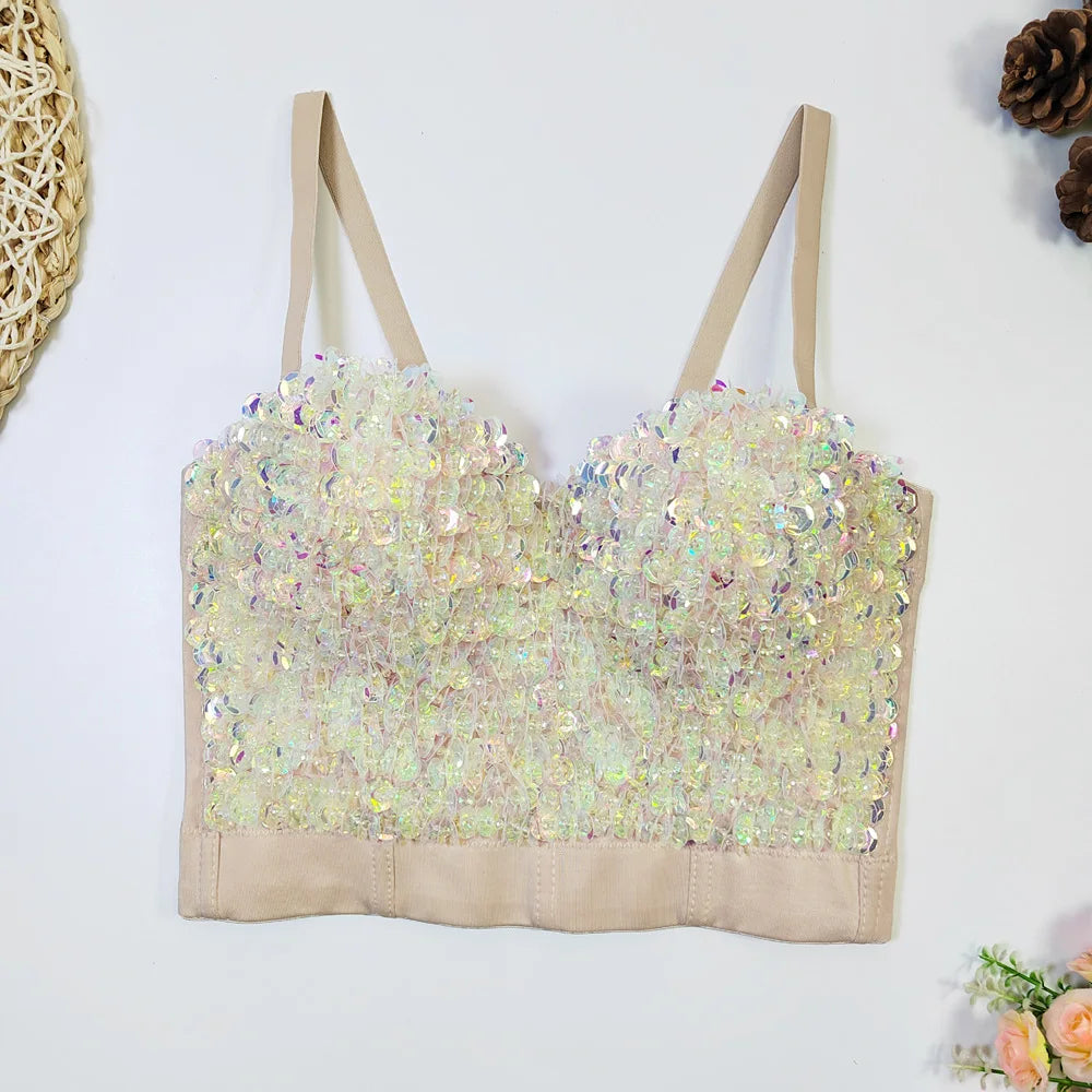 The Stardust Prism Siren – Sequined Glitter Bustier Corset Crop Top
