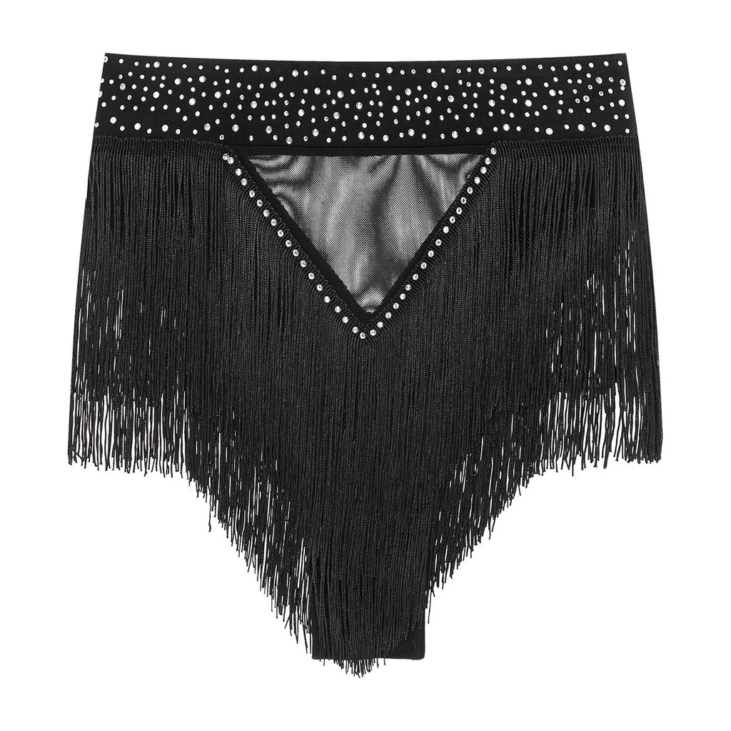 Rhinestone Tassel High-Waist Dance Shorts & Sheer Mesh Fringe Skirt