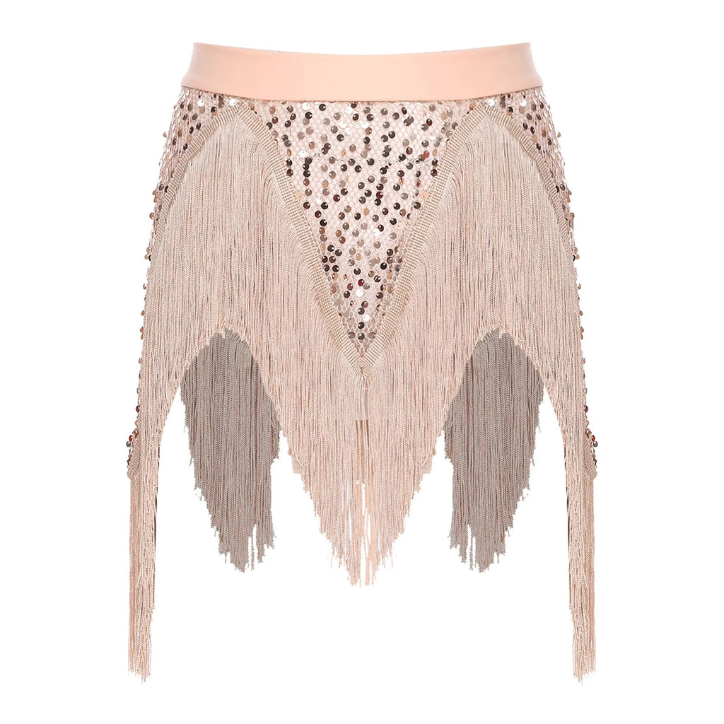 Glitter Sequin Fishnet Mesh Hip Scarf & Tassel Waist Wrap Belly Dance Skirt