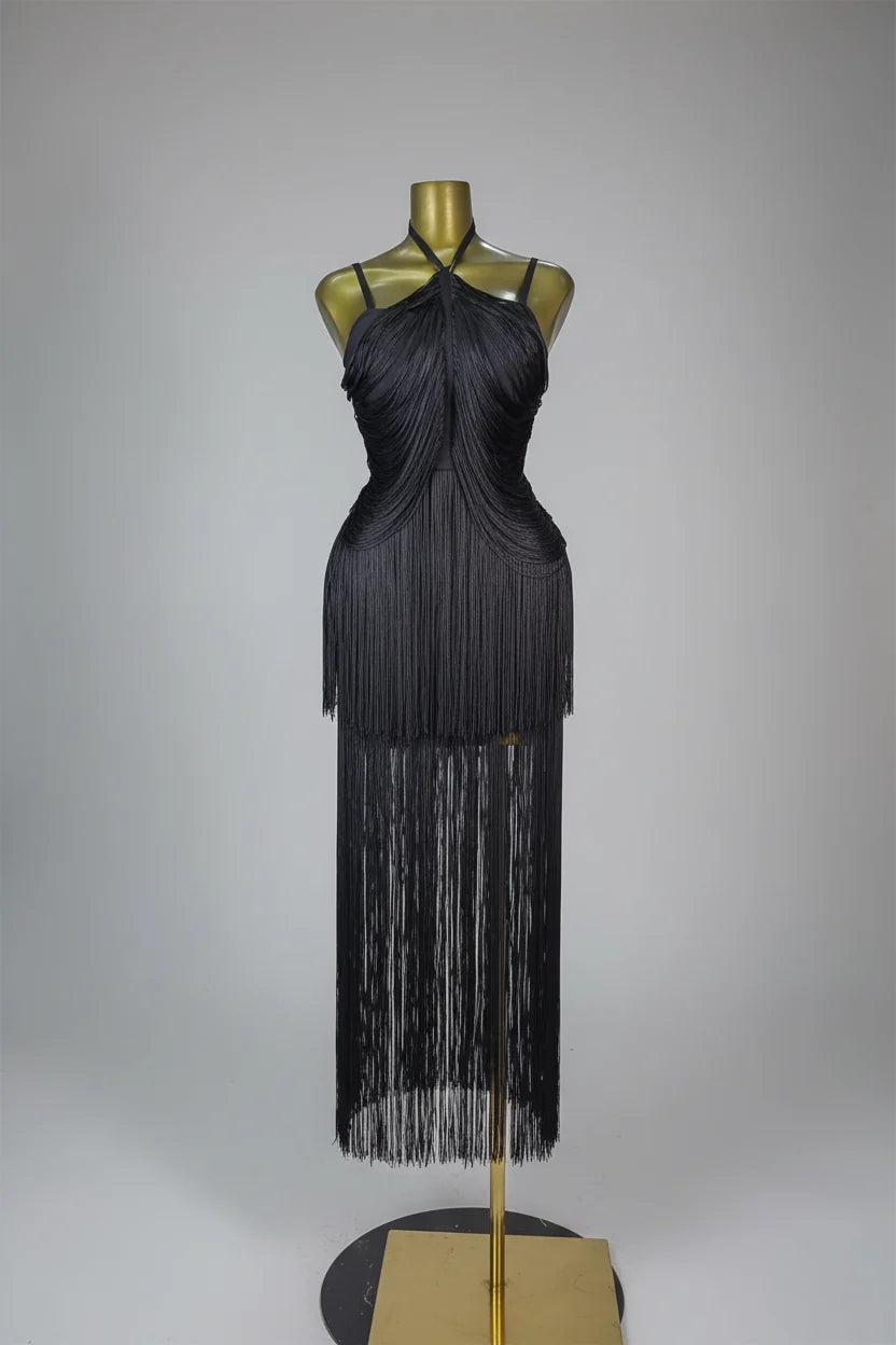 Double-Layer Fringe Bandage Ankle-Length Evening Gown & Gala Dress