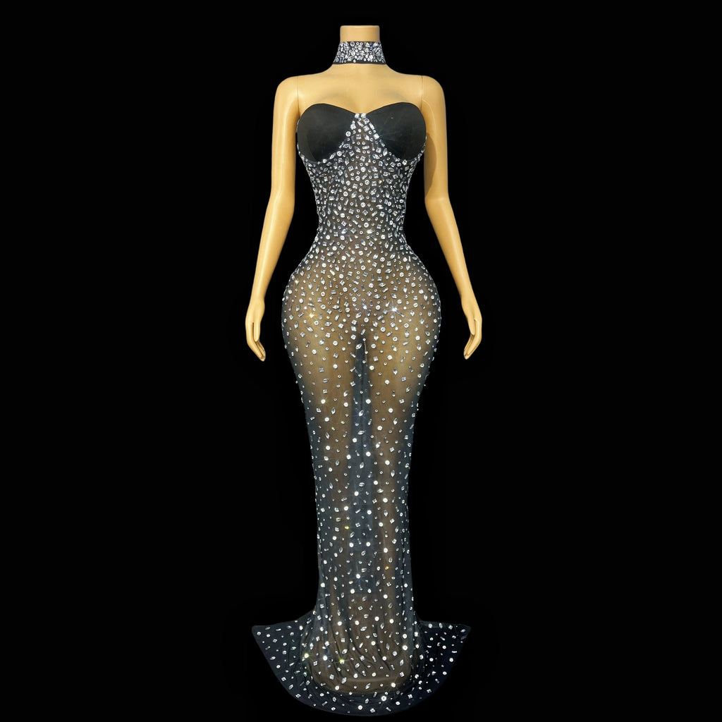 Silver Rhinestone Sheer Mesh Tube Evening Gown Stage Ball Dress