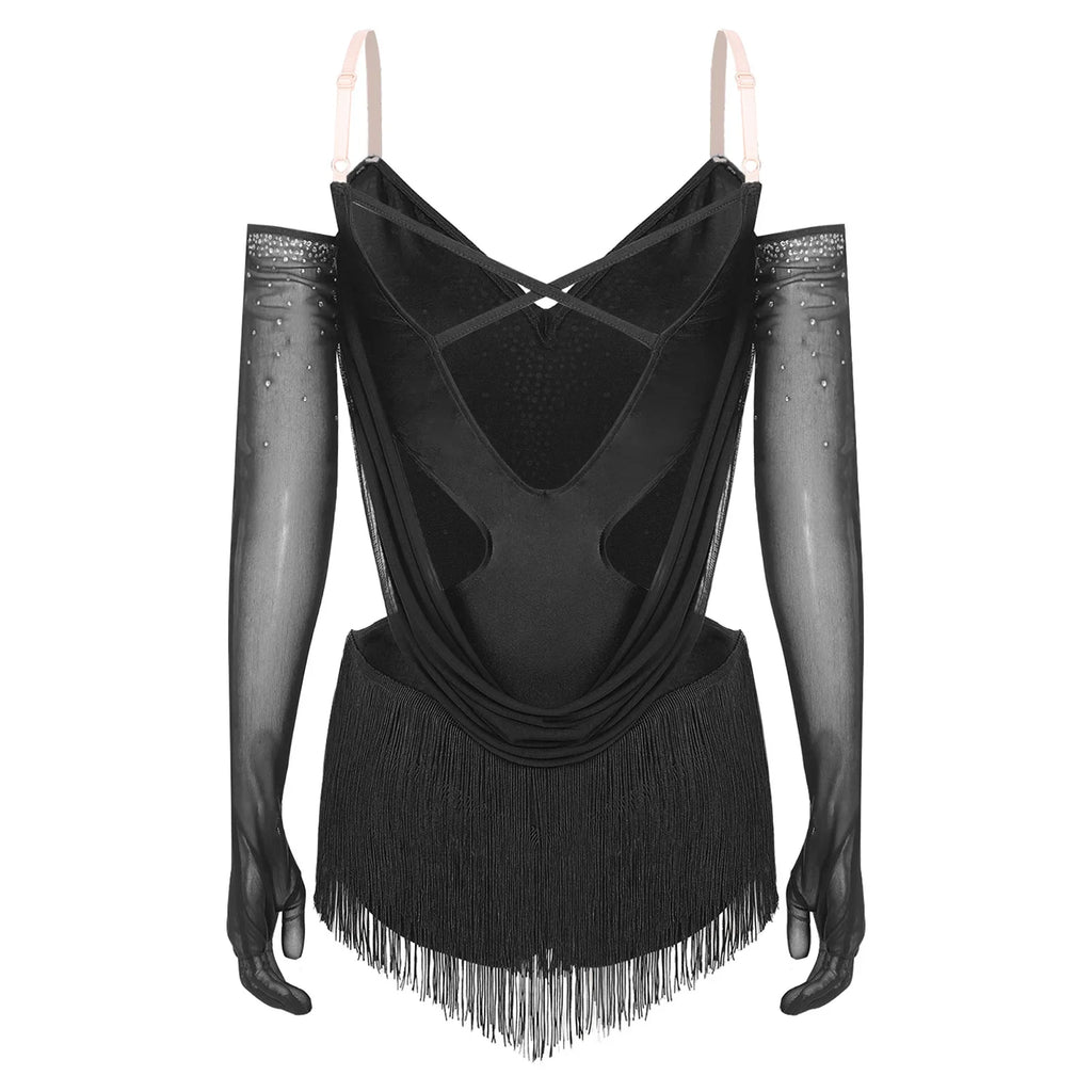 Sparkly Rhinestone & Tassel Fringe Dance Leotard with Gloves Two-Piece Stage Costume