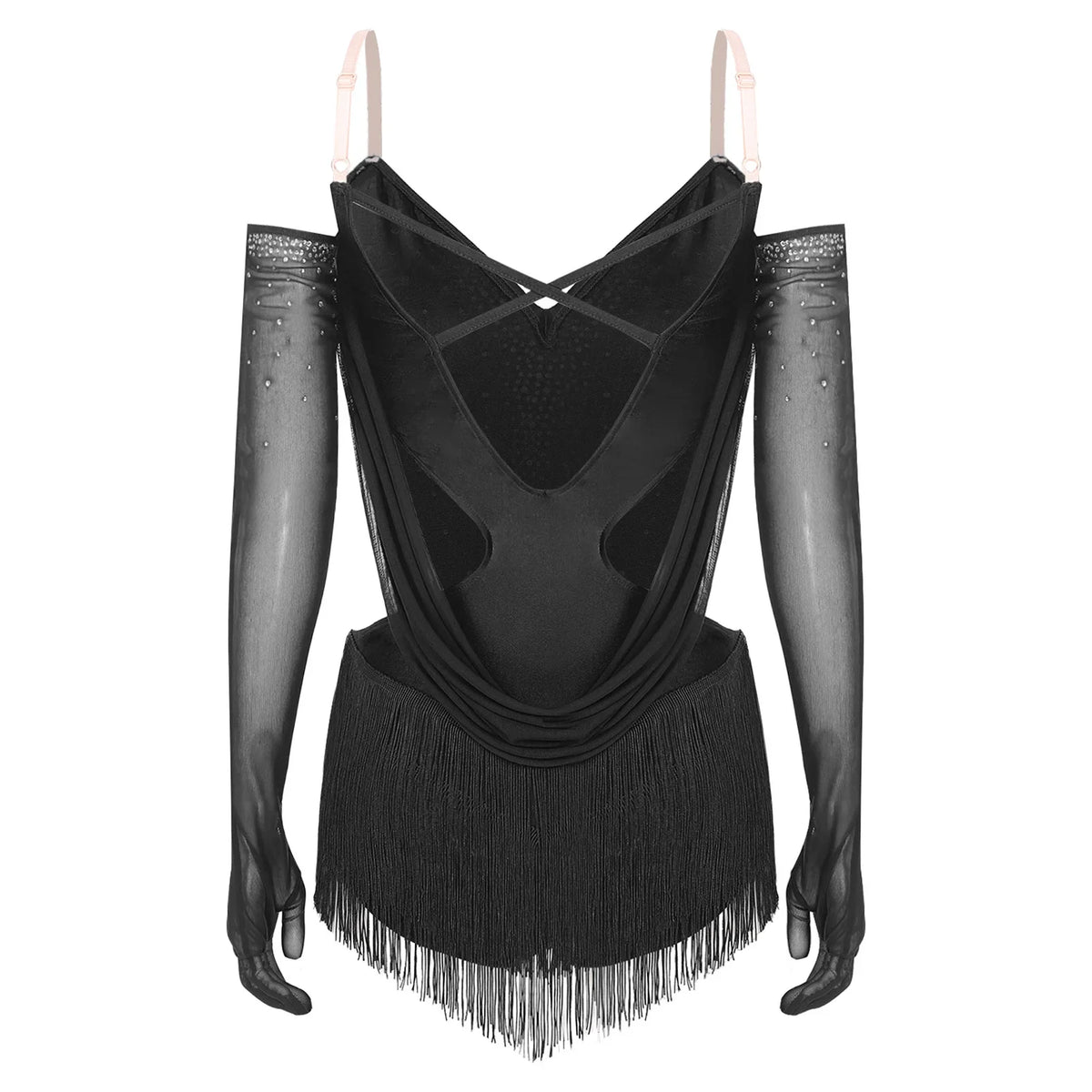 Sparkly Rhinestone & Tassel Fringe Dance Leotard with Gloves Two-Piece Stage Costume