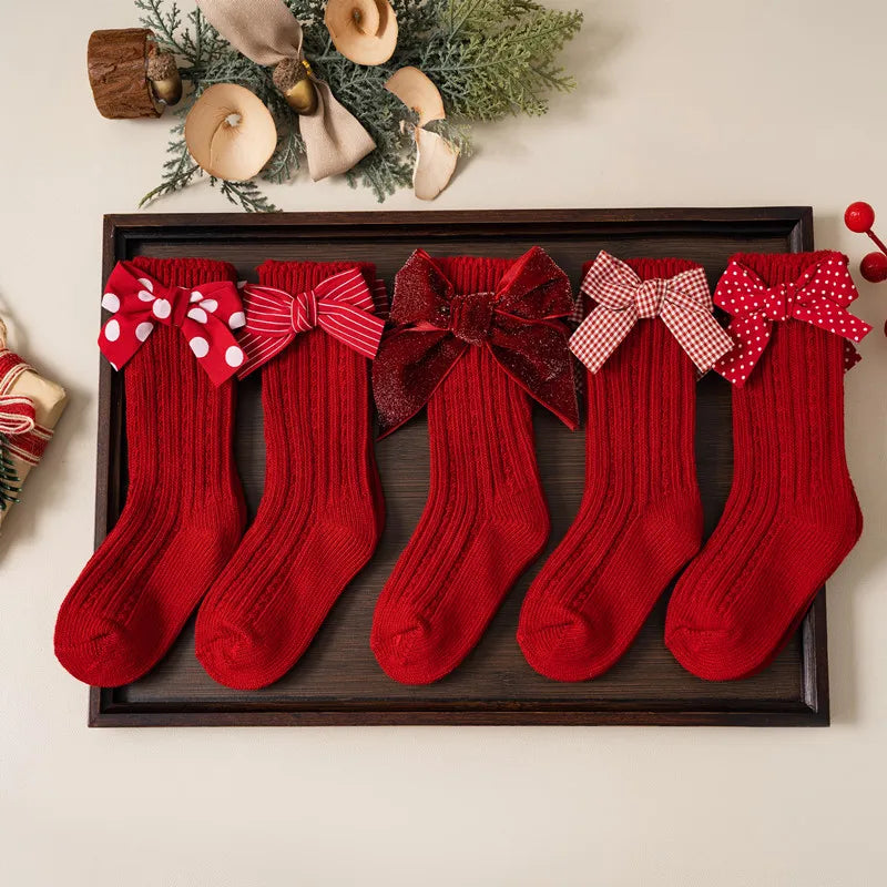 Baby Girls Red Big Bow Christmas Socks - Kids Cotton Solid Woolen Sock Leg Warmers | Toddler Soft Socken for 0-5 Years