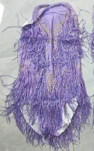 Sparkly Crystal Purple Tassel Showgirl Bodysuit Set – Glamour Stage Fringe Performance Costume