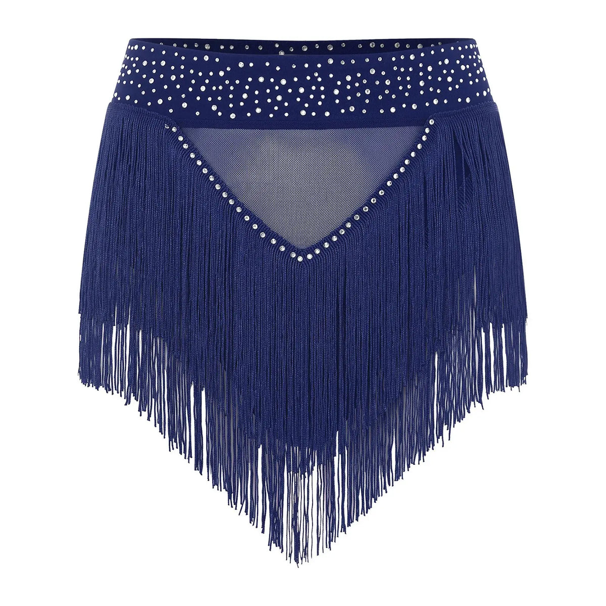 Rhinestone Tassel High-Waist Dance Shorts & Sheer Mesh Fringe Skirt