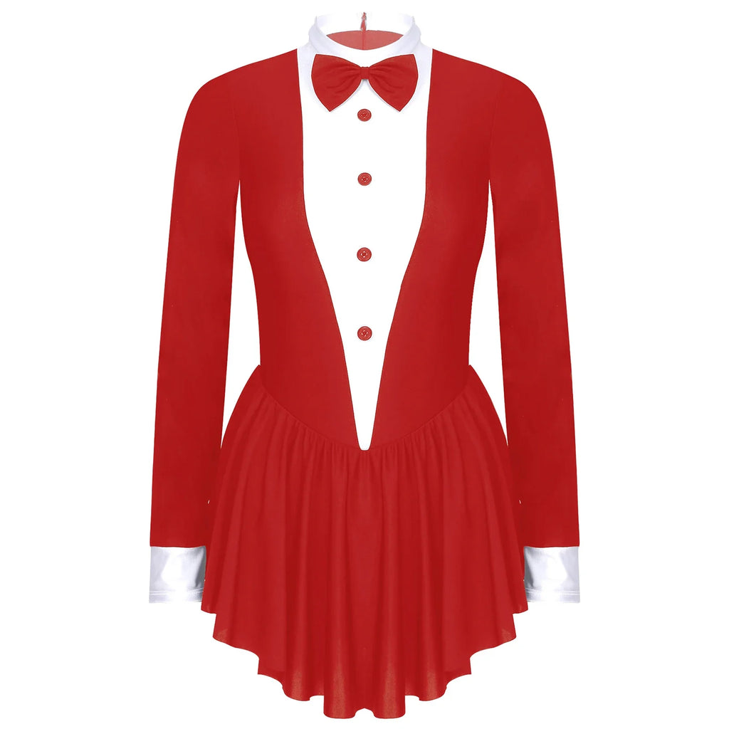 Tuxedo Bowknot Long Sleeve Ruffle Leotard Dress Magician Costume