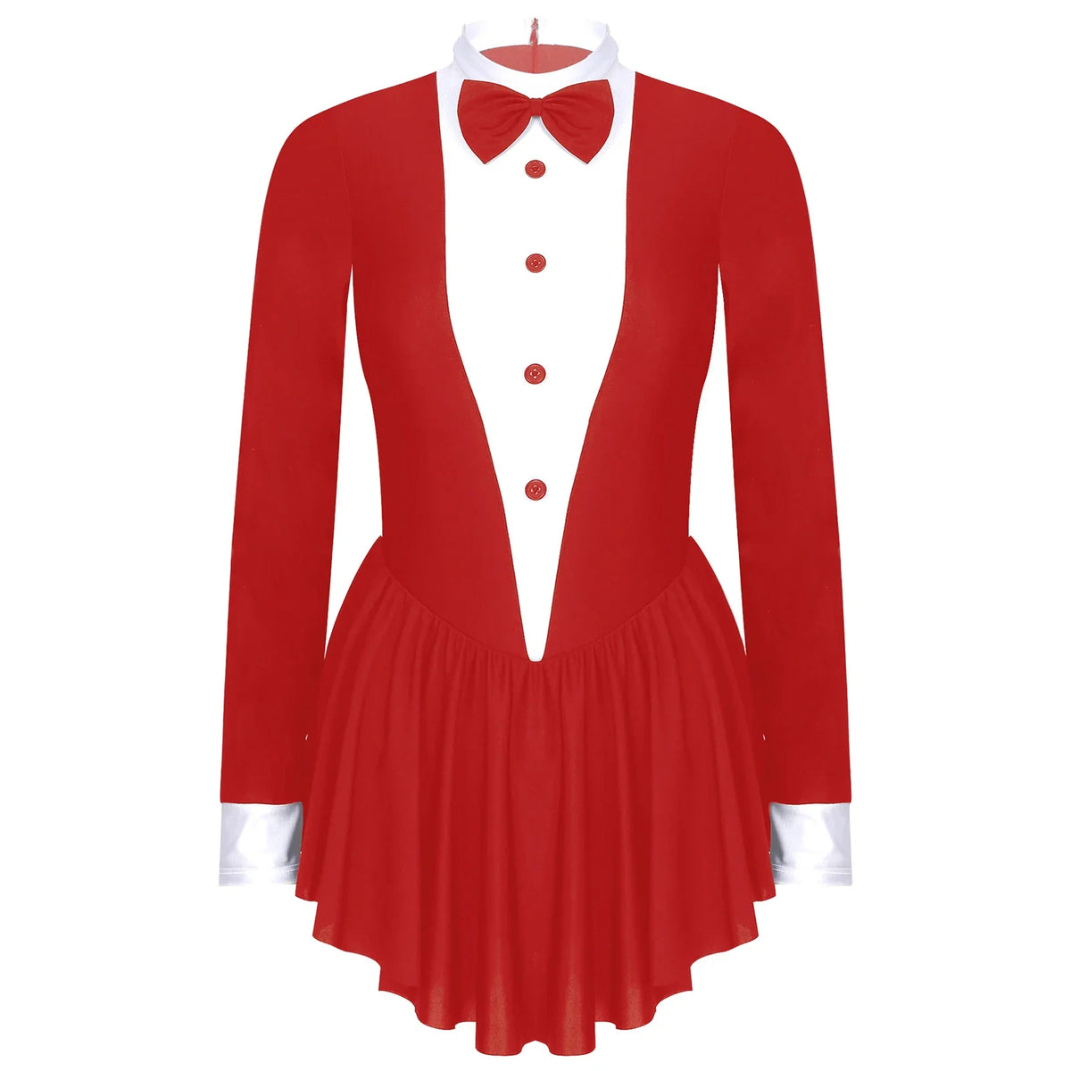 Tuxedo Bowknot Long Sleeve Ruffle Leotard Dress Magician Costume
