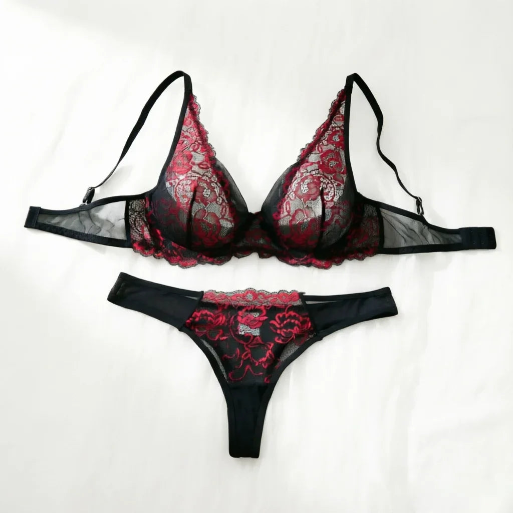 Sexy Lingerie Bra, Women's Suits, See-Through Bra, The Allure of Valentine's Night, Black Red Bra and Underwear Set ZA825161